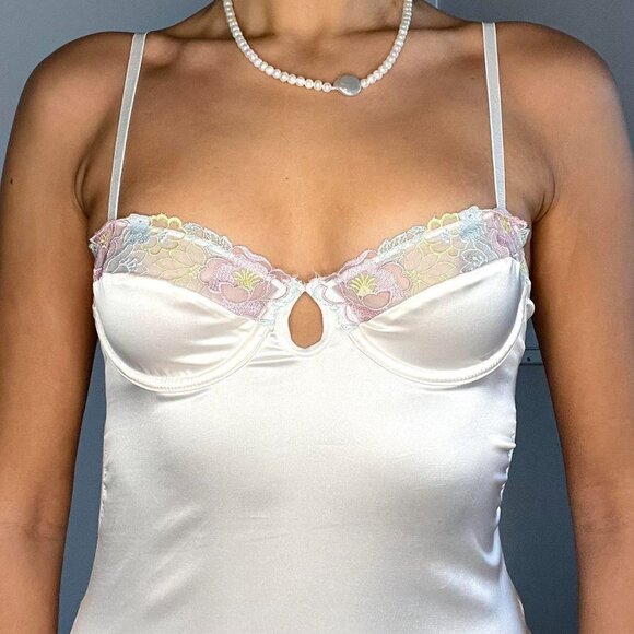 Cream satin silk lingerie backless slip dress floral lace trim bustier | Size S - Picture 6 of 8